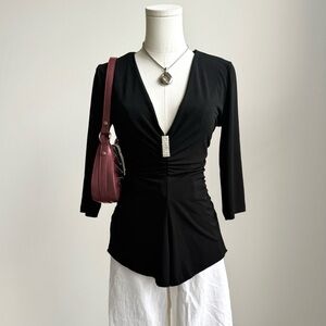 Y2K Black Deep V Neck Ruched Rhinestone Top Stretchy 3/4 Sleeve Asymmetrical S